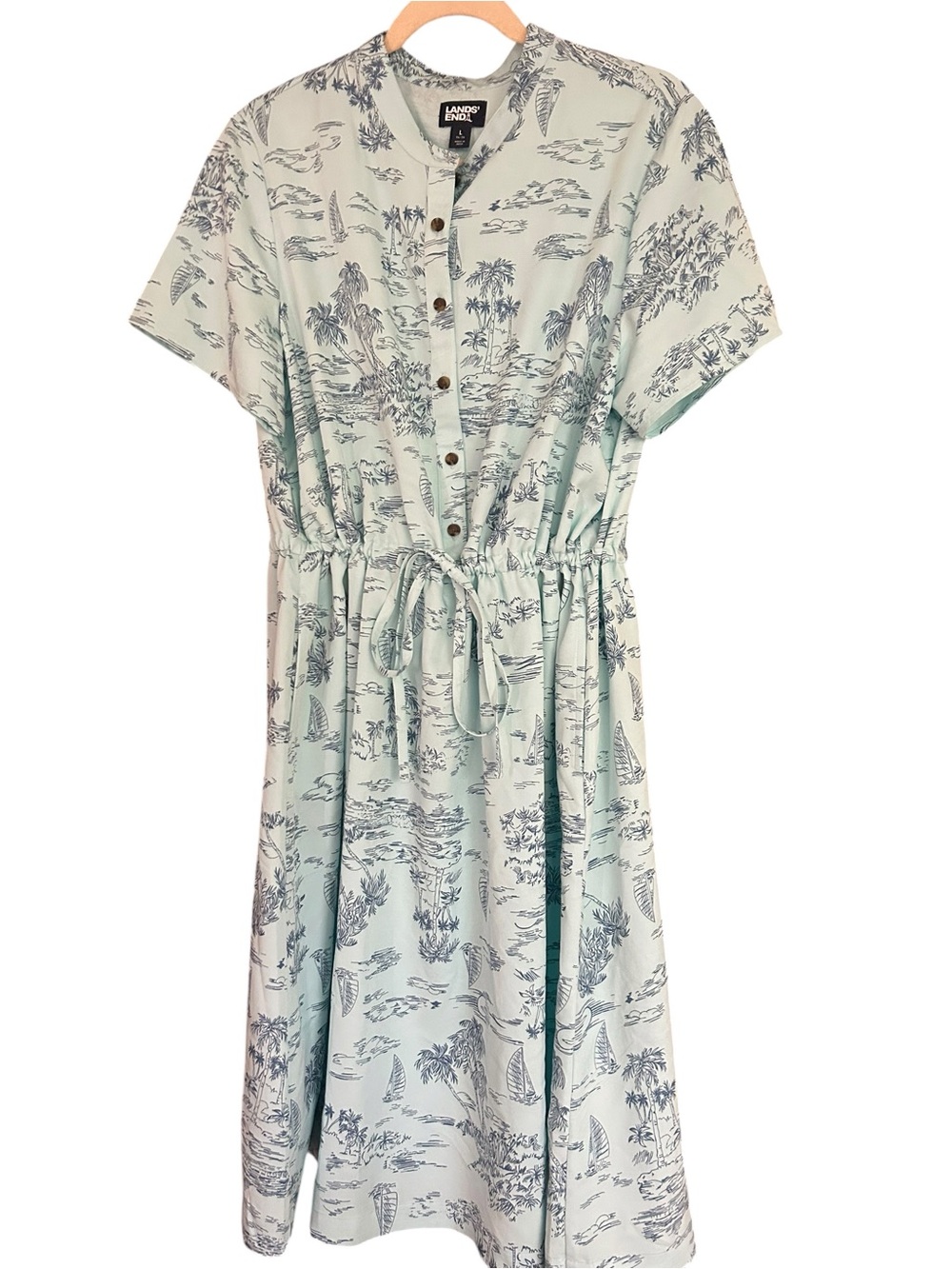 Women’s Lands' End Toile Blue Tropical Print Drawstring Midi Dress Size L 14/16